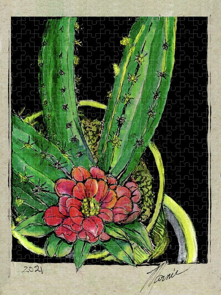 Flowers Jigsaw Puzzle featuring the drawing My Cactus by Marnie Clark