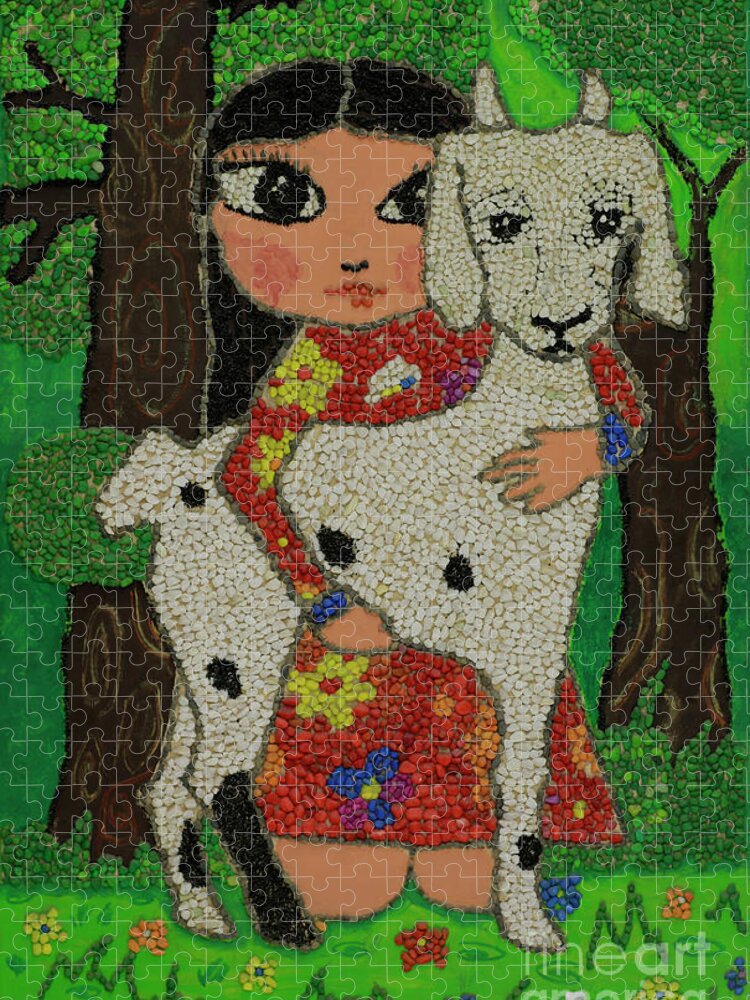 Girl Jigsaw Puzzle featuring the painting My little Tsondoohoi by Shurentsetseg Batdorj