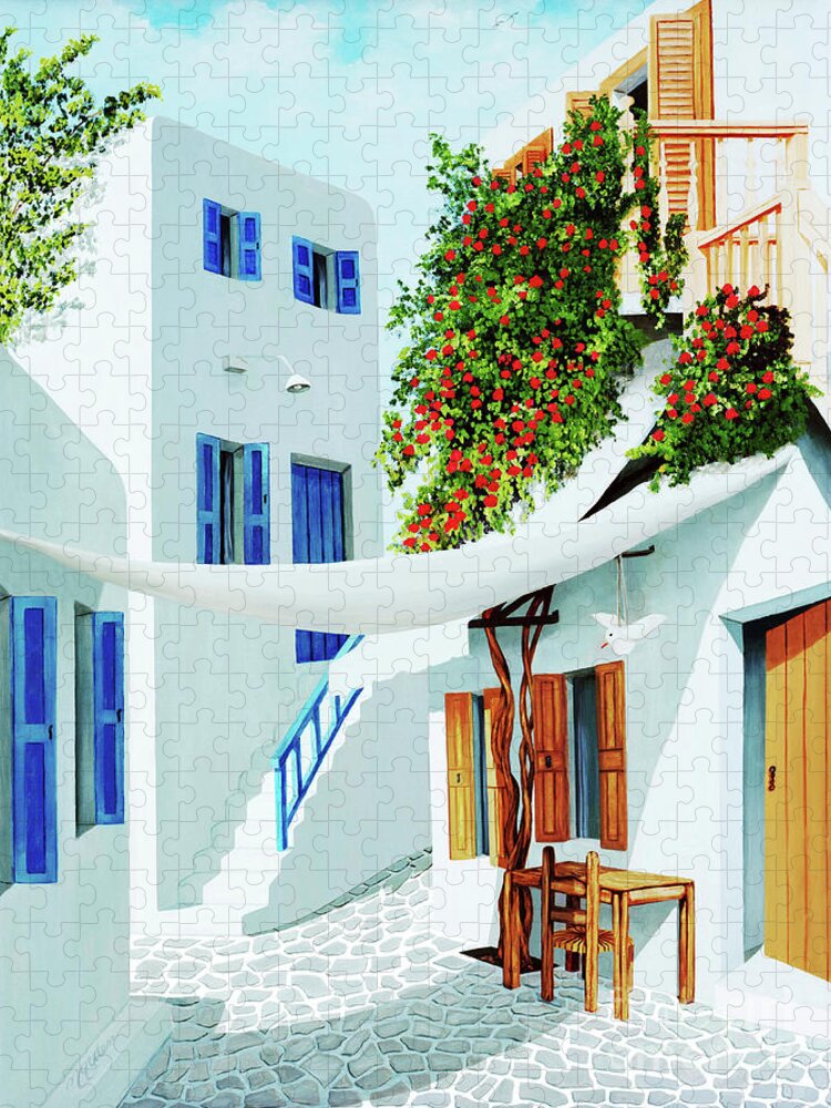 Mykonos Greece Jigsaw Puzzle featuring the painting MYKONOS WALK-prints of painting by Mary Grden