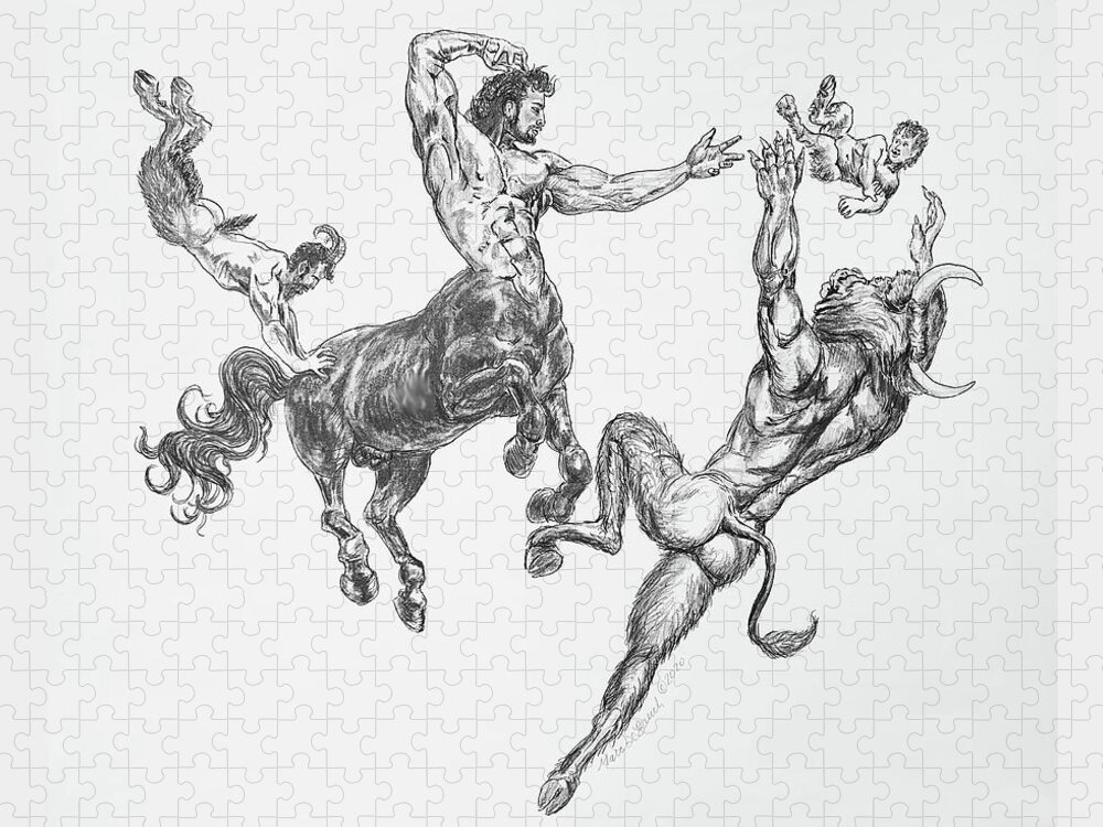 Satyr Jigsaw Puzzle featuring the drawing Mythic Memories by Marc DeBauch