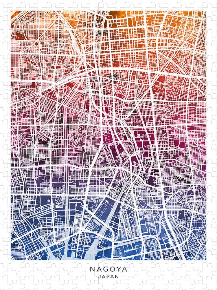 Nagoya Jigsaw Puzzle featuring the digital art Nagoya Japan City Map #53 by Michael Tompsett