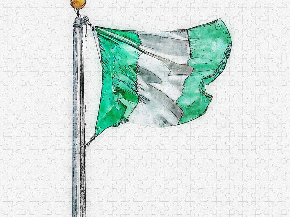 Watercolor Jigsaw Puzzle featuring the digital art National flag of Nigeria on a flagpole, isolated on white background by Maria Kray