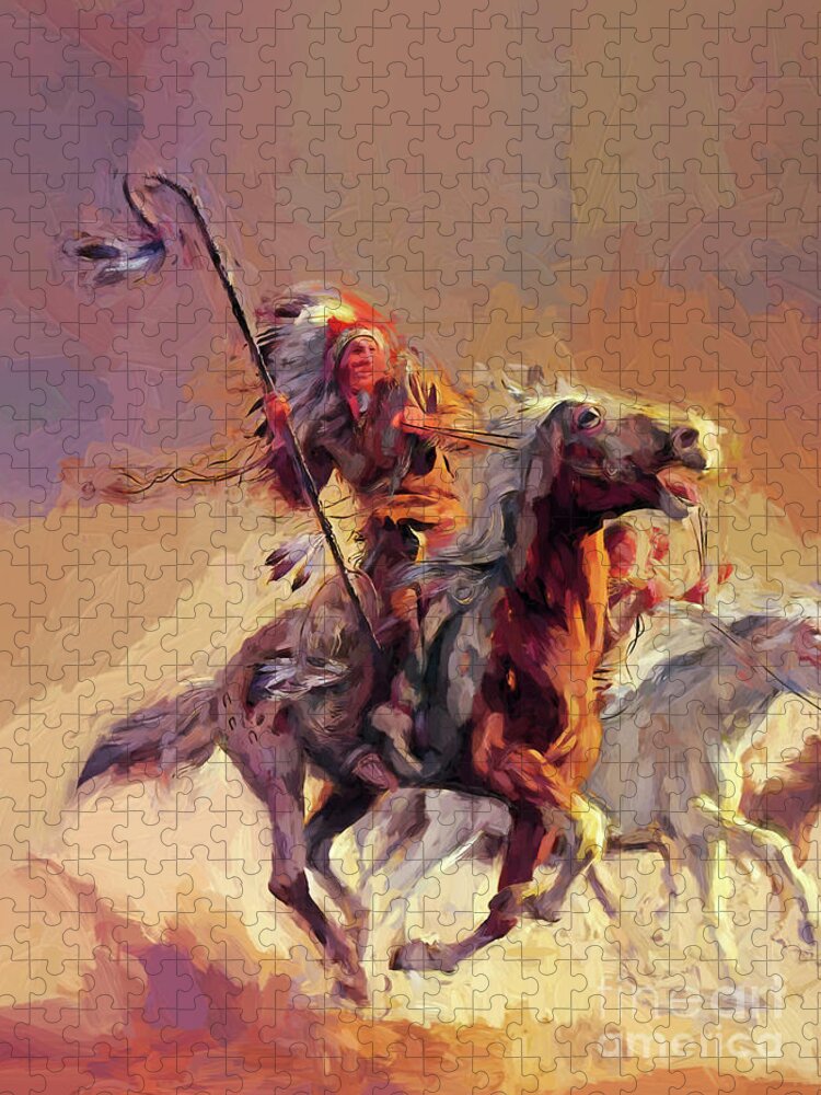 Westcoast Jigsaw Puzzle featuring the painting Native American Fighting on Horse by Gull G