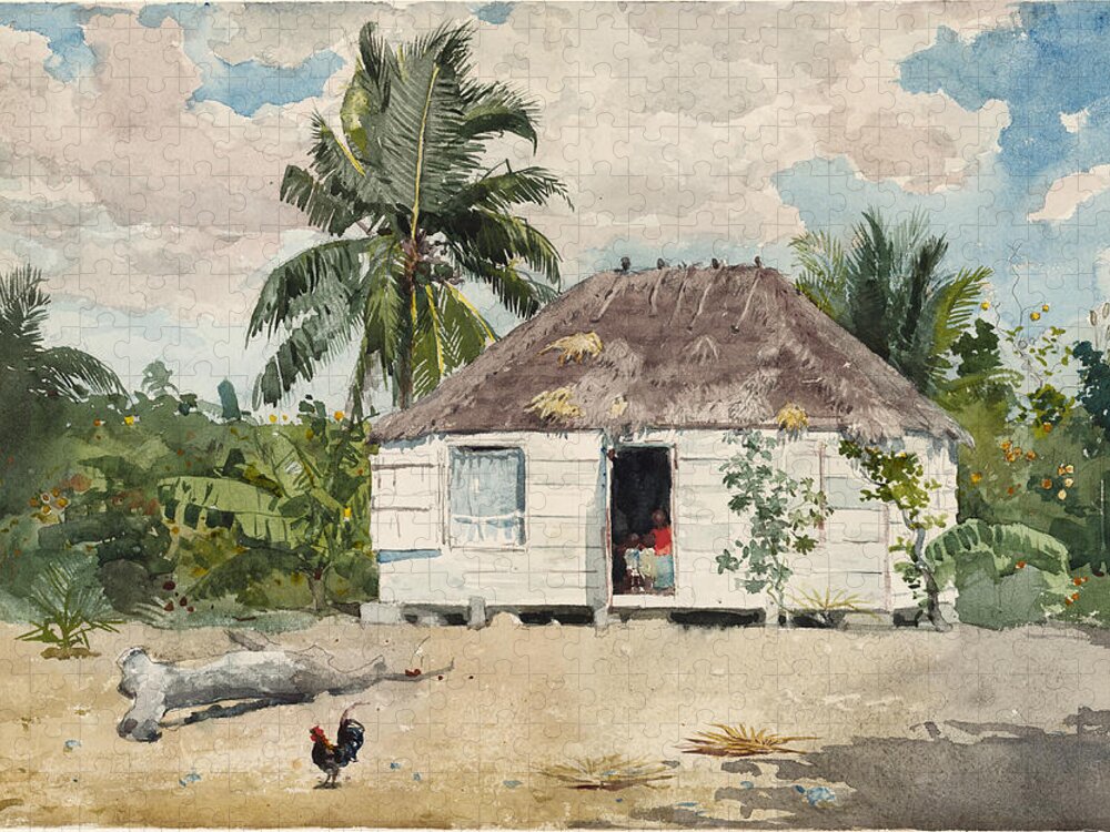 Winslow Homer Jigsaw Puzzle featuring the drawing Native hut at Nassau by Winslow Homer