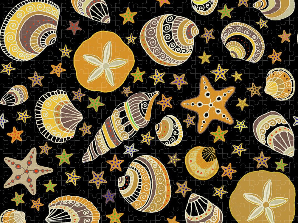 Sea Shells Jigsaw Puzzle featuring the digital art Nautical Sea Shells by Vagabond Folk Art - Virginia Vivier