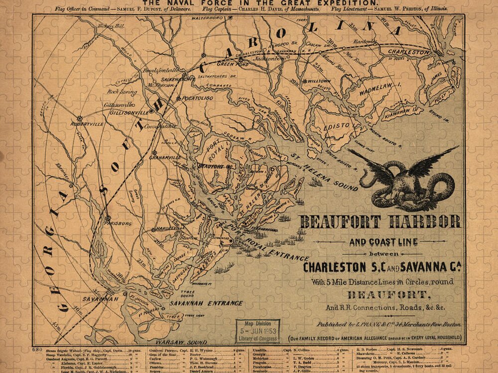 Cartographic Jigsaw Puzzle featuring the drawing Naval Force in the Great Expedition Beaufort Harbor 1861 by Vintage Maps