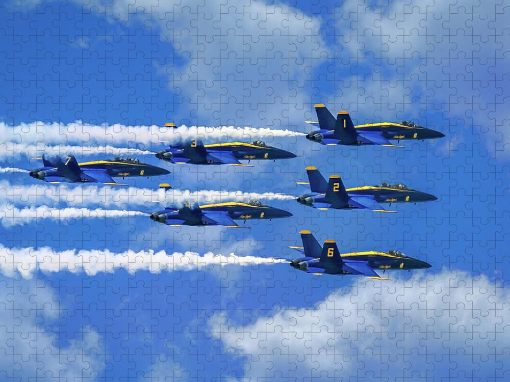 Blue Angels Show Jigsaw Puzzle featuring the photograph Navy Blue Angels Airshow With Smoke Trails on Cloudy Day by Robert Bellomy