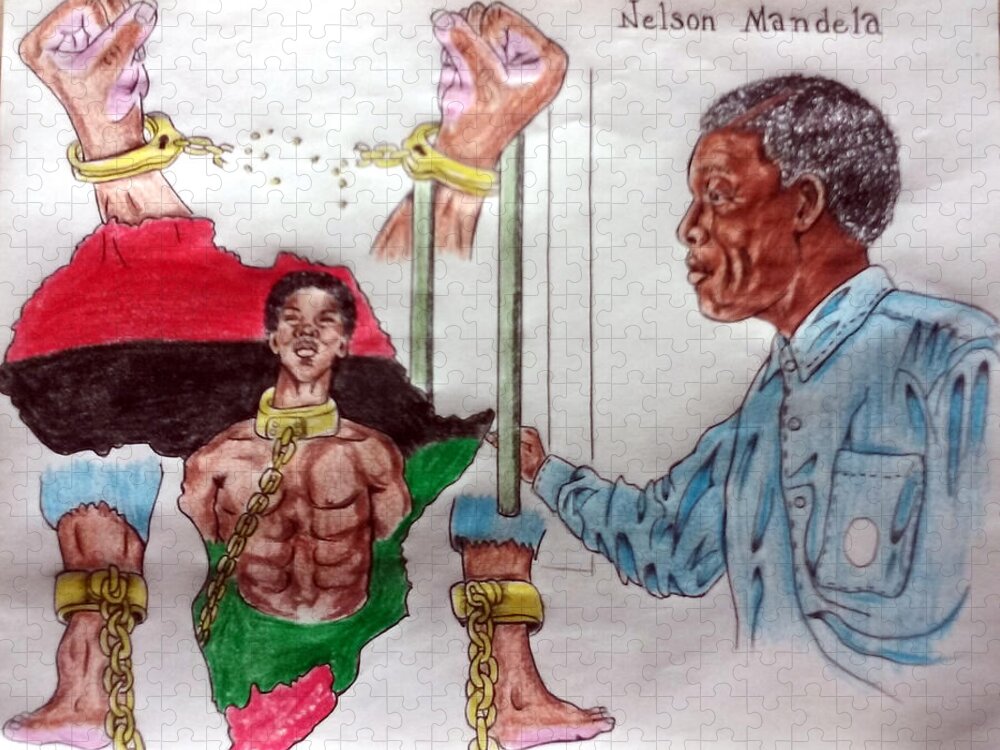 Black Art Jigsaw Puzzle featuring the drawing Nelson Mandela by Joedee