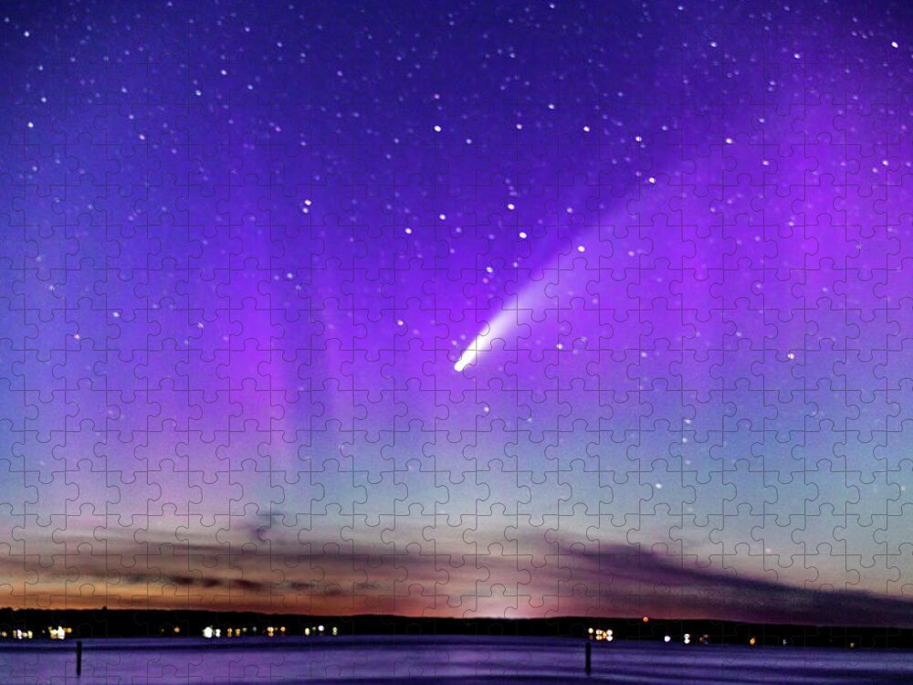 Neowise Comet Jigsaw Puzzle featuring the photograph NEOWISE COMET with a splash of Northern Lights by Joe Holley