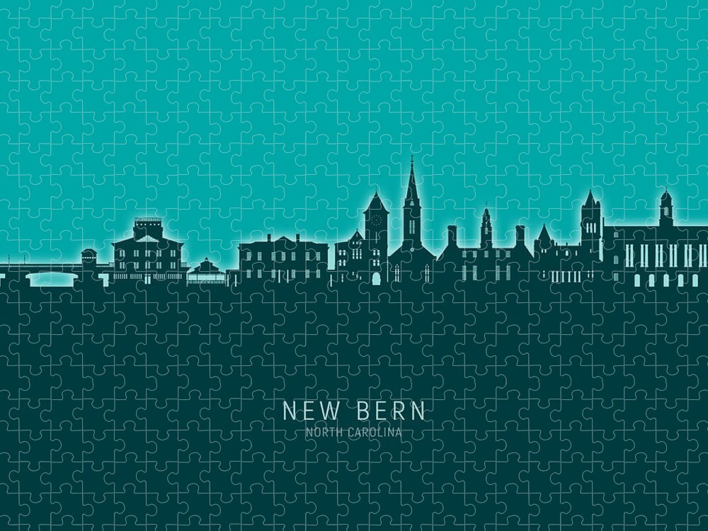 New Bern Jigsaw Puzzle featuring the digital art New Bern North Carolina Skyline #84 by Michael Tompsett
