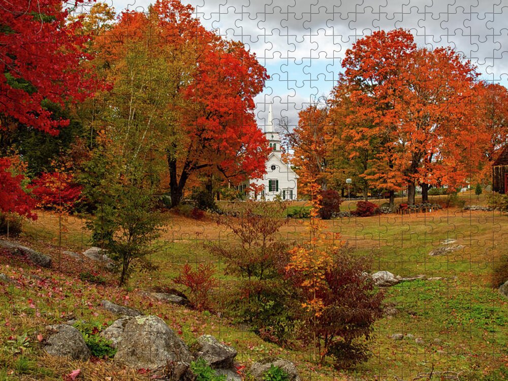 Hillsboro Church In Fall Colors Jigsaw Puzzle featuring the photograph New Hampshire church far afield in Autumn by Jeff Folger