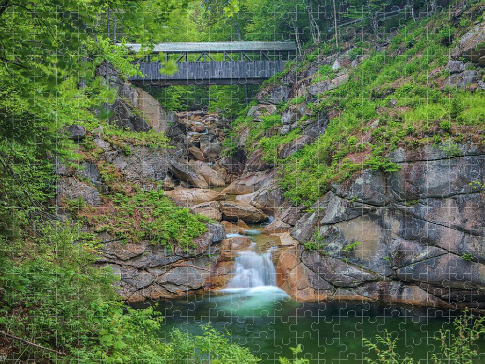 Sentinel Pine Covered Bridge Jigsaw Puzzle featuring the photograph New Hampshire Flume Gorge Sentinel Pine Covered Bridge by Juergen Roth