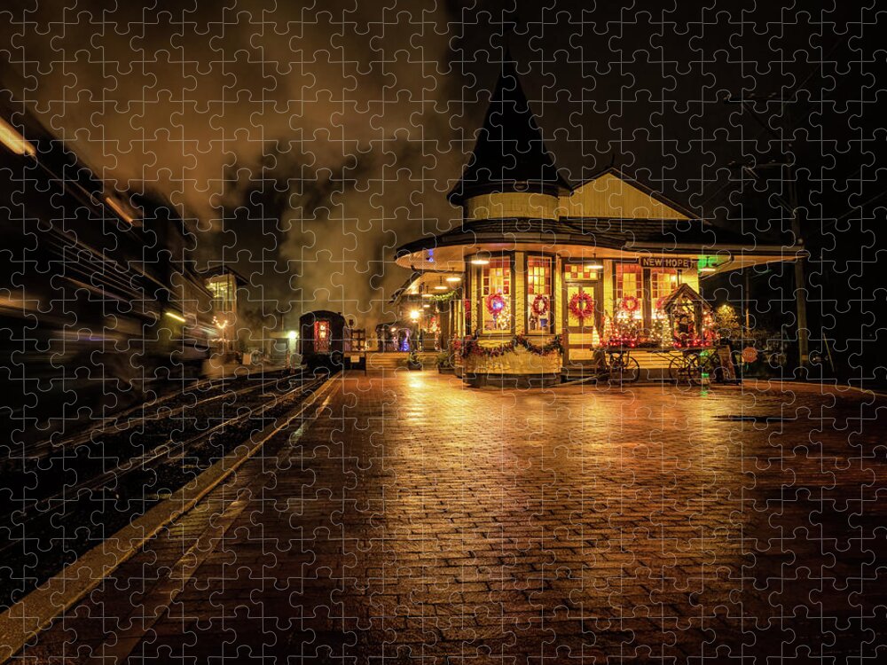 New Hope Jigsaw Puzzle featuring the photograph New Hope Train Station On A Rainy Night by Kristia Adams