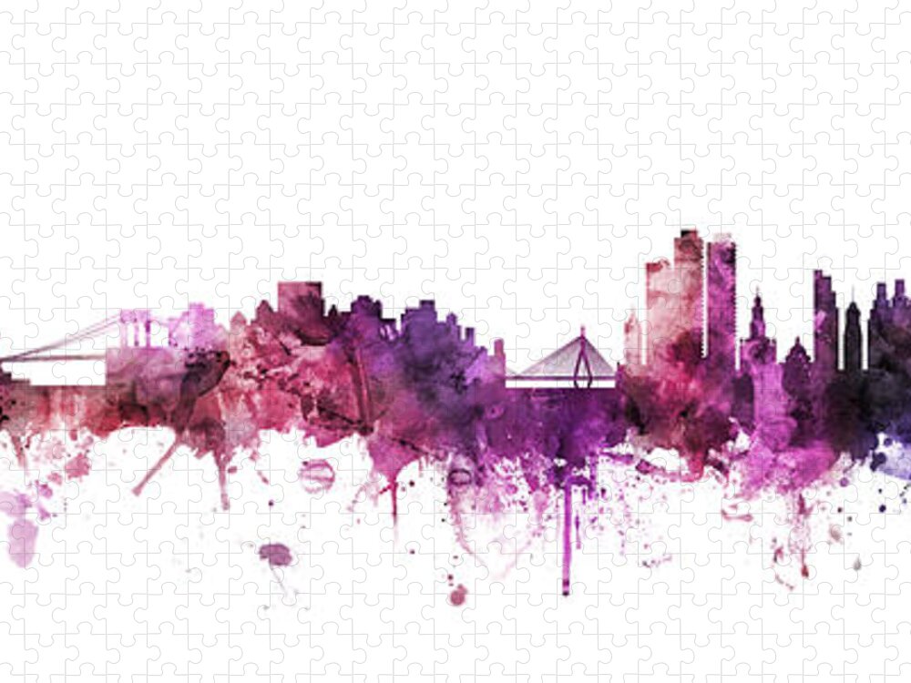 Boston Jigsaw Puzzle featuring the digital art New York and Boston Skylines Mashup Pink Red Purple by Michael Tompsett