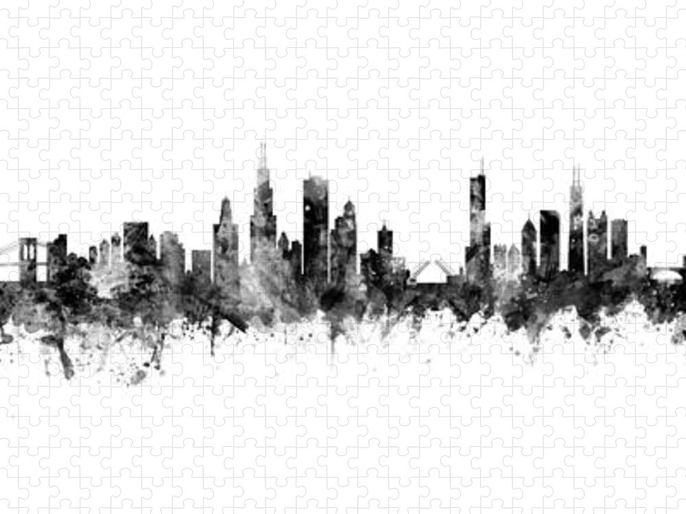 Washington Jigsaw Puzzle featuring the digital art New York, Chicago and Washington DC Skylines Mashup Black White by Michael Tompsett