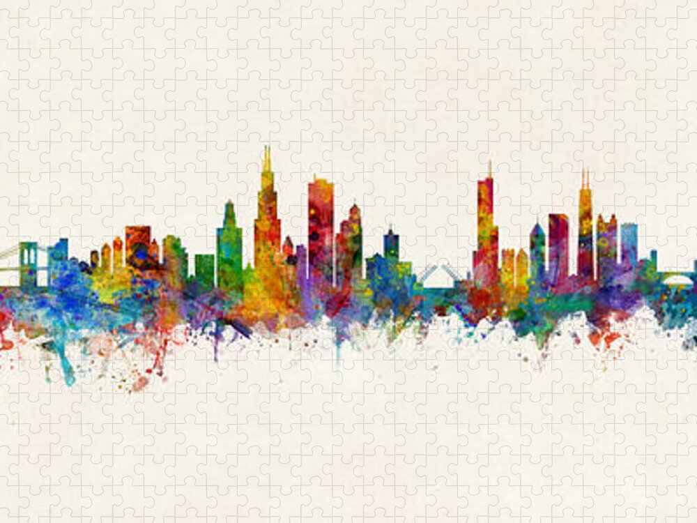 Chicago Jigsaw Puzzle featuring the digital art New York, Chicago and Washington DC Skylines Mashup Vintage Beige by Michael Tompsett