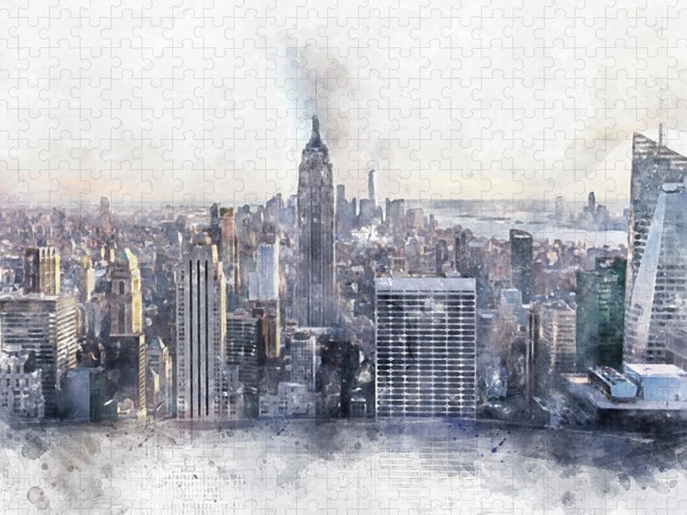 Watercolor Jigsaw Puzzle featuring the digital art New York City Manhattan midtown aerial panorama view with skyscrapers and blue sky in the day, Digital watercolor painting by Maria Kray