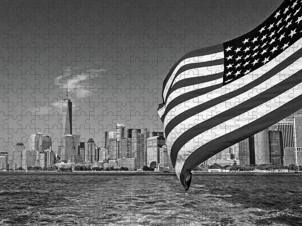 New York Jigsaw Puzzle featuring the photograph New York City Manhattan Skyline Ferry Flag Black and White by Christopher Arndt