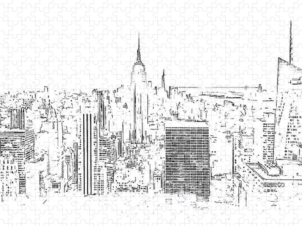 New York Jigsaw Puzzle featuring the digital art New York City skyline with skyscrapers, pencil drawing by Maria Kray