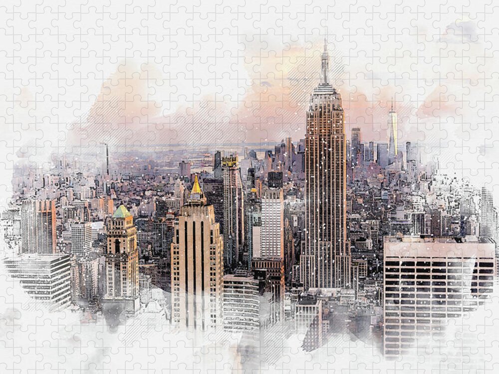 Watercolor Jigsaw Puzzle featuring the digital art New York City skyline with skyscrapers, watercolor drawing by Maria Kray