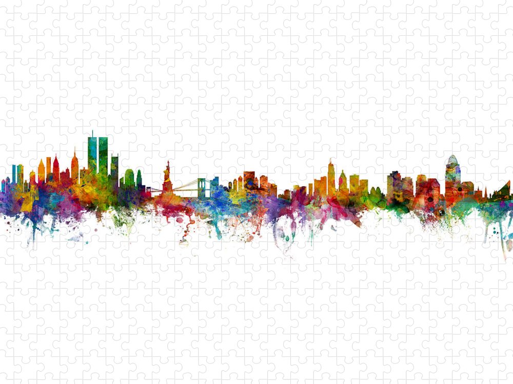 Cincinnati Jigsaw Puzzle featuring the digital art New York City Twin Towers and Cincinnati Skyline Mashup by Michael Tompsett