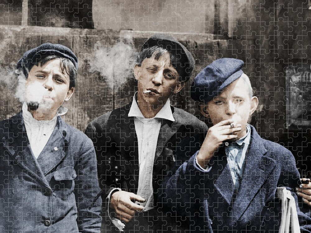 Vintage Jigsaw Puzzle featuring the photograph Newsboys Smoking - 1910 Child Labor Photo - Colorized by War Is Hell Store