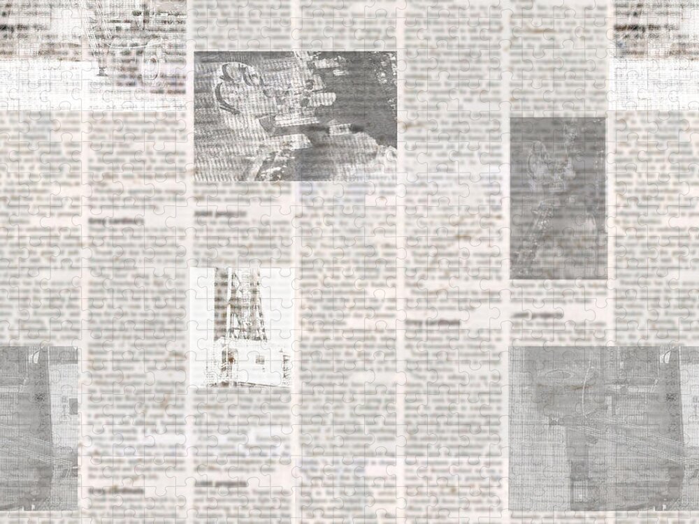 Newspaper with old unreadable text. Vintage grunge blurred paper news  texture horizontal background. Textured page. Gray collage. Front top view.  Jigsaw Puzzle by Julien - Pixels