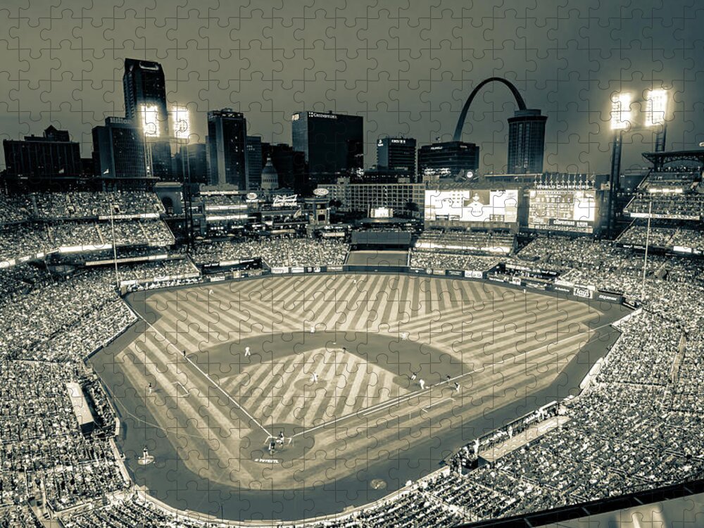 Saint Louis Skyline Jigsaw Puzzle featuring the photograph Night Game at Busch Stadium in Sepia - Saint Louis Baseball by Gregory Ballos