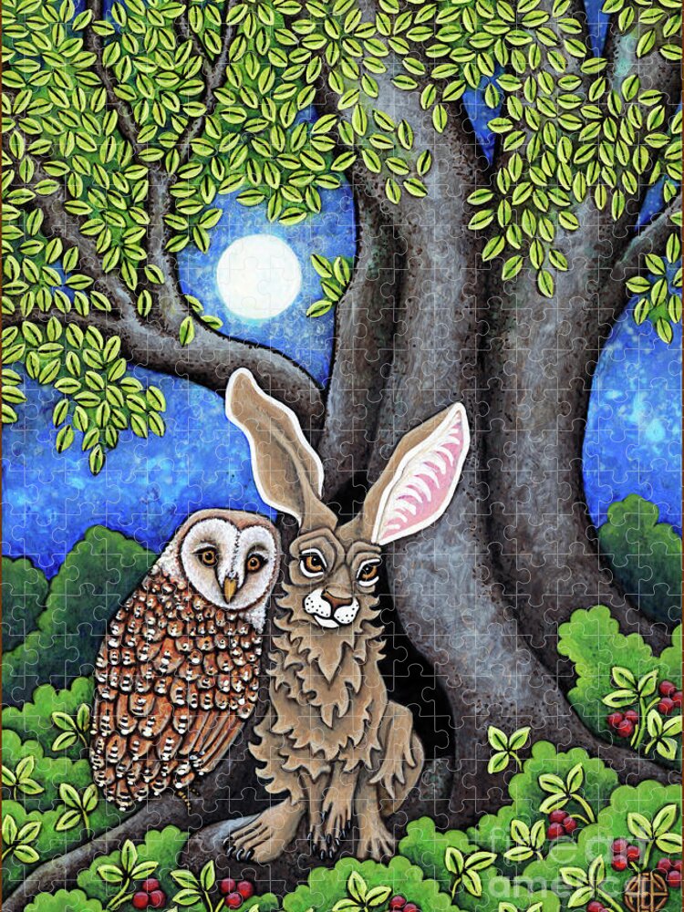 Hare Jigsaw Puzzle featuring the painting Night Gossips Hare and Owl Determine the Whos Who by Amy E Fraser