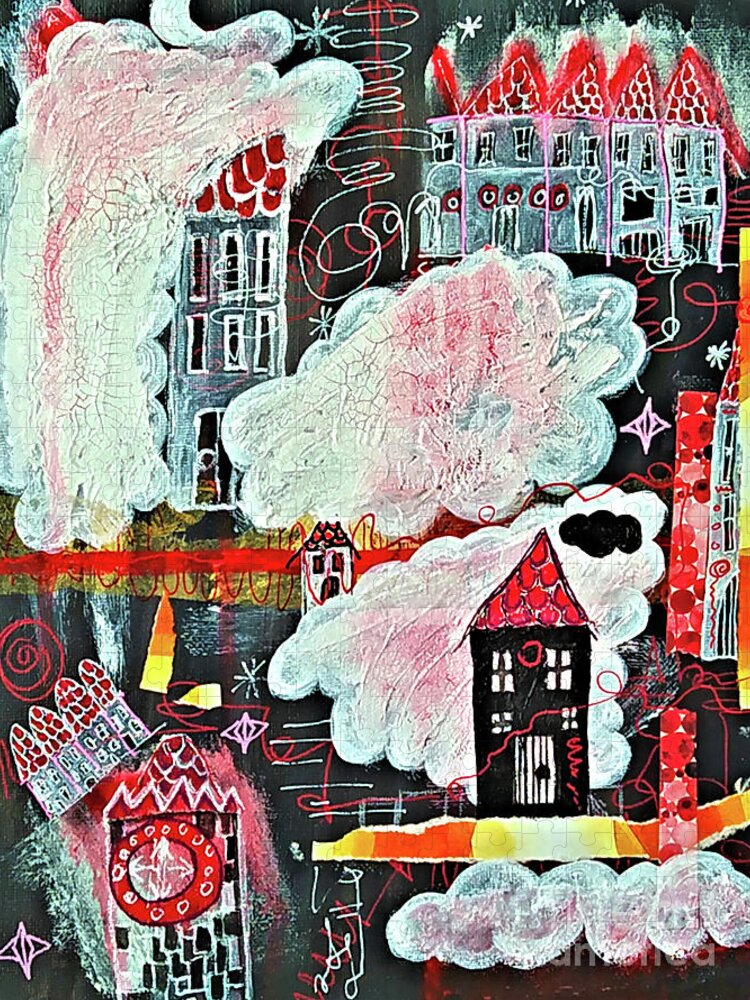 Nacht Jigsaw Puzzle featuring the mixed media Night in the Cloud Village by Mimulux Patricia No