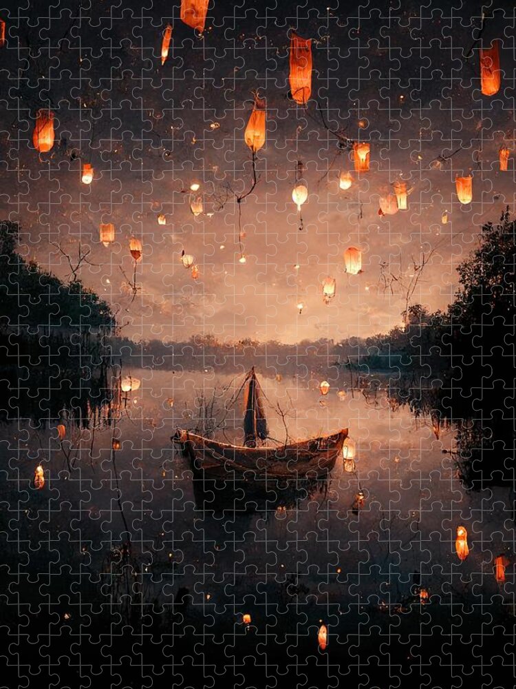 Boat Jigsaw Puzzle featuring the digital art Night Lights by Nickleen Mosher