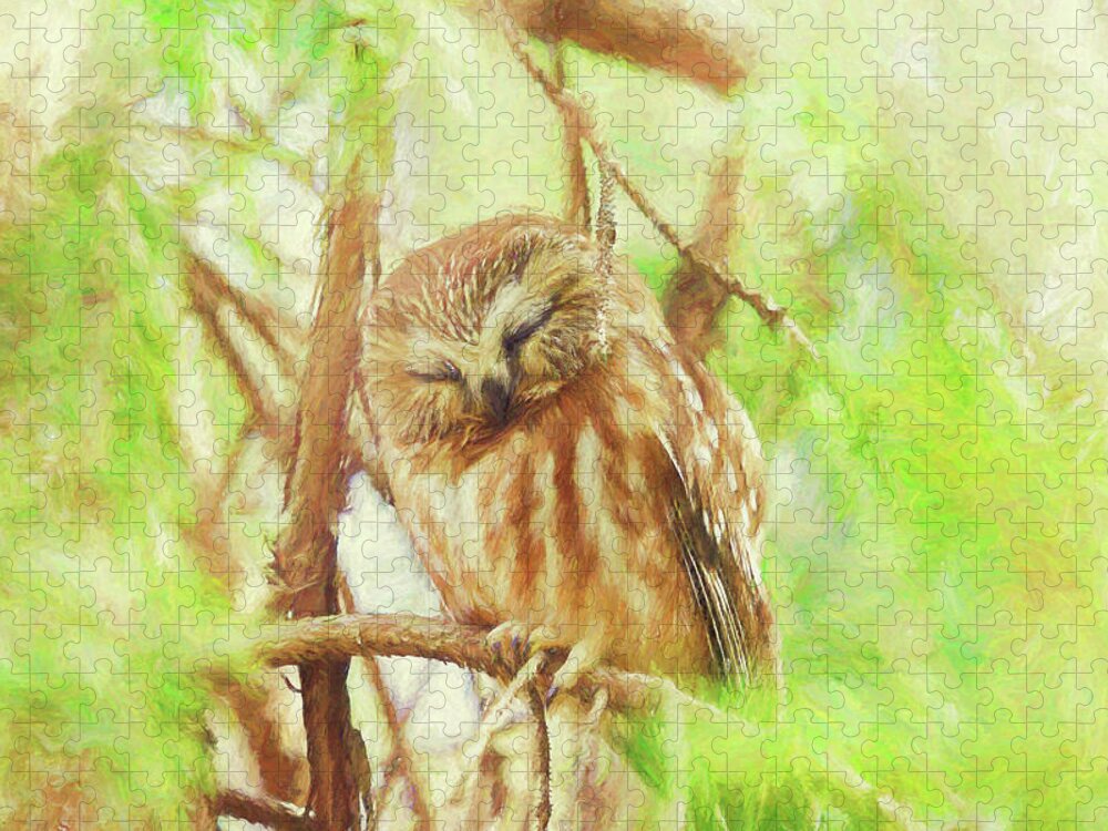Spring Jigsaw Puzzle featuring the photograph Night Owl Painterly Version 1 by Carrie Ann Grippo-Pike