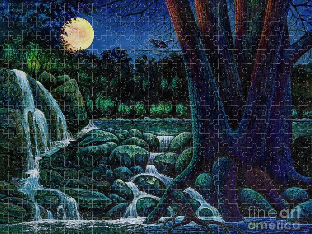 Waterfall Jigsaw Puzzle featuring the painting Night Sounds by Michael Frank