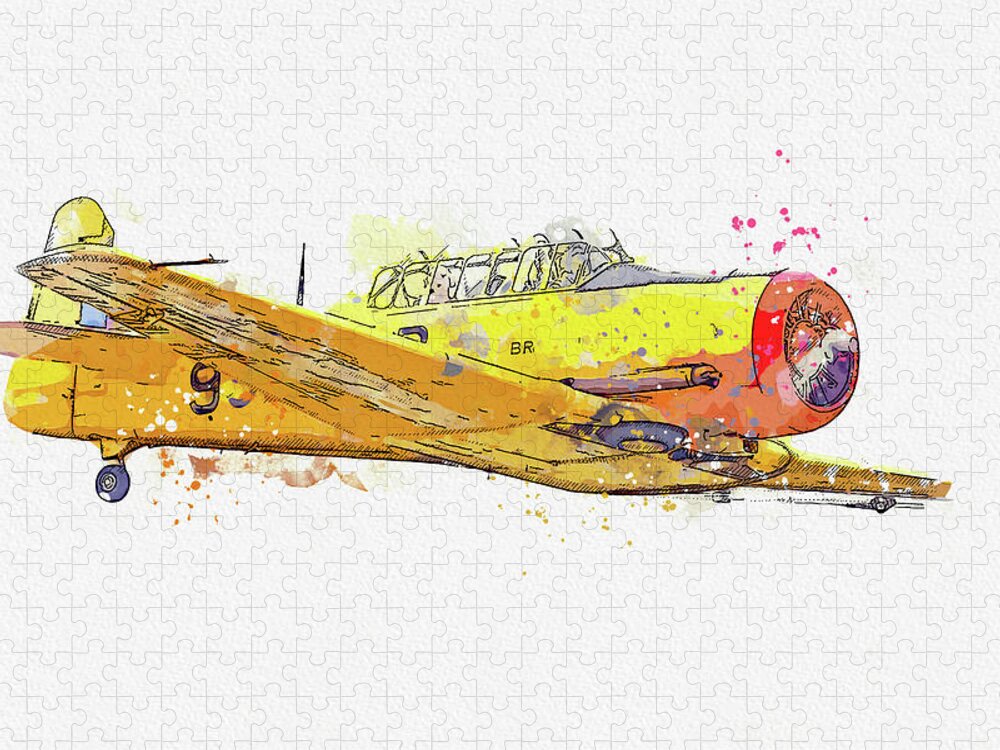 Noorduyn AT- Harvard IIB-ER G-BDAM Vintage Aircraft - Classic War Birds -  Planes watercolor by Ahme Jigsaw Puzzle by Celestial Images - Pixels Merch