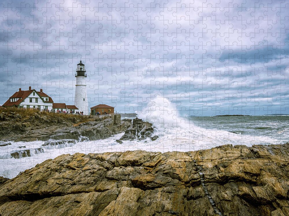 Big Surf Jigsaw Puzzle featuring the photograph Nor'easter, Portland Head Light. by Jeff Sinon