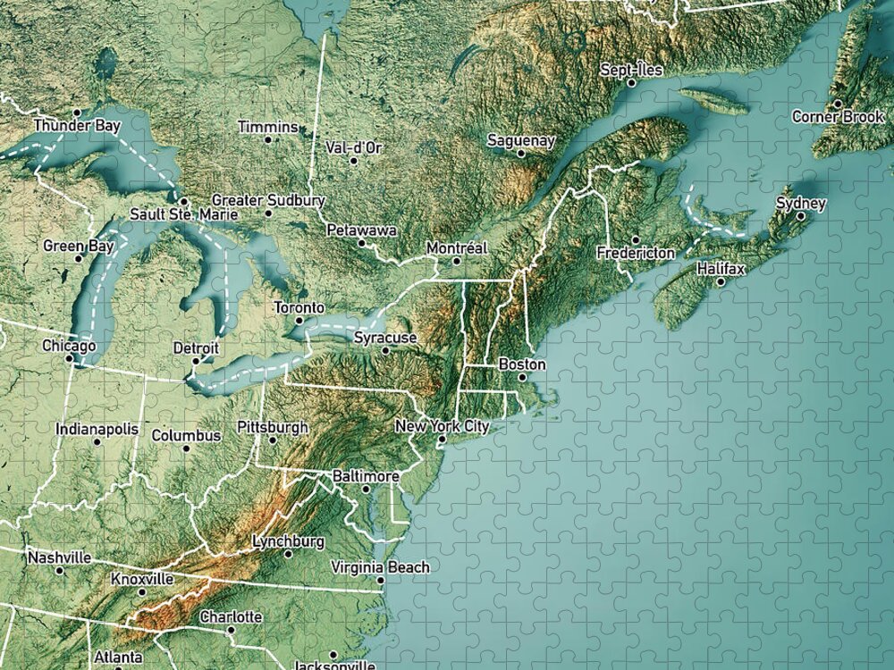 Usa Jigsaw Puzzle featuring the digital art North East USA Nova Scotia 3D Render Topographic Map Color Borde by Frank Ramspott