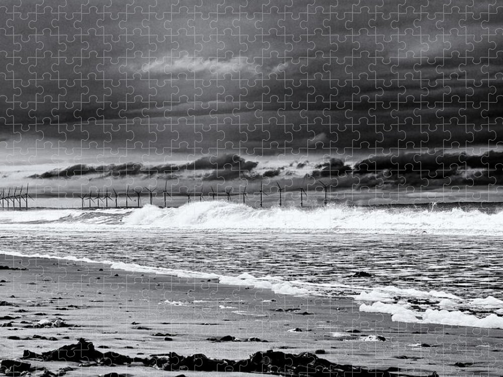 Turbines Jigsaw Puzzle featuring the photograph North Sea Turbines Monochrome by Jeff Townsend