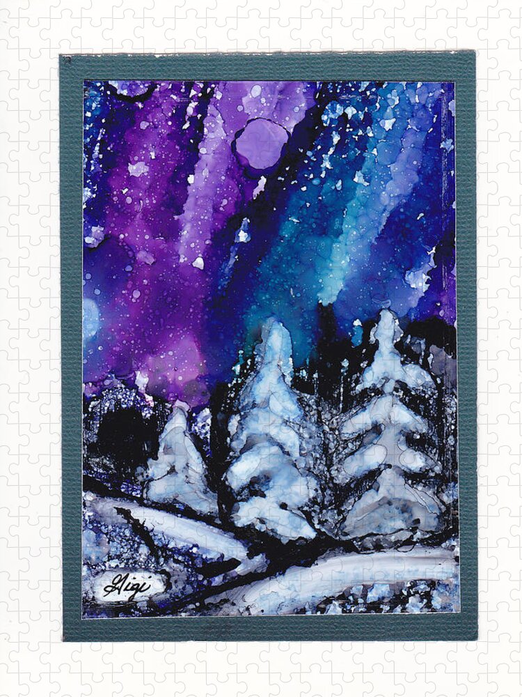 Purple Jigsaw Puzzle featuring the painting Northern Winter Sky by Gigi Dequanne