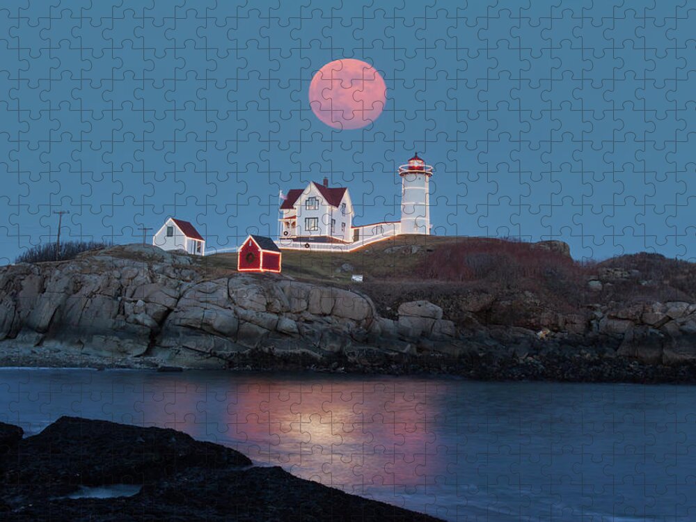 Cape Neddick Jigsaw Puzzle featuring the photograph Nubble Lighthouse lit for the season by Jeff Folger