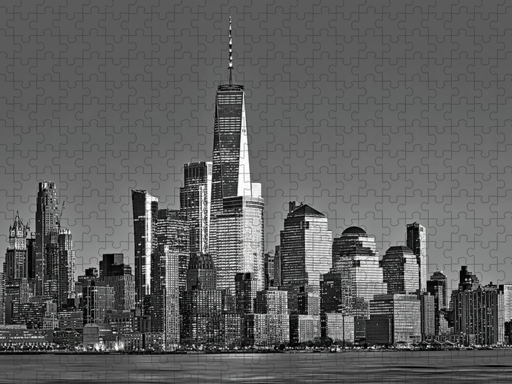World Trade Center Jigsaw Puzzle featuring the photograph NYC Skyline World Trade Center BW by Susan Candelario