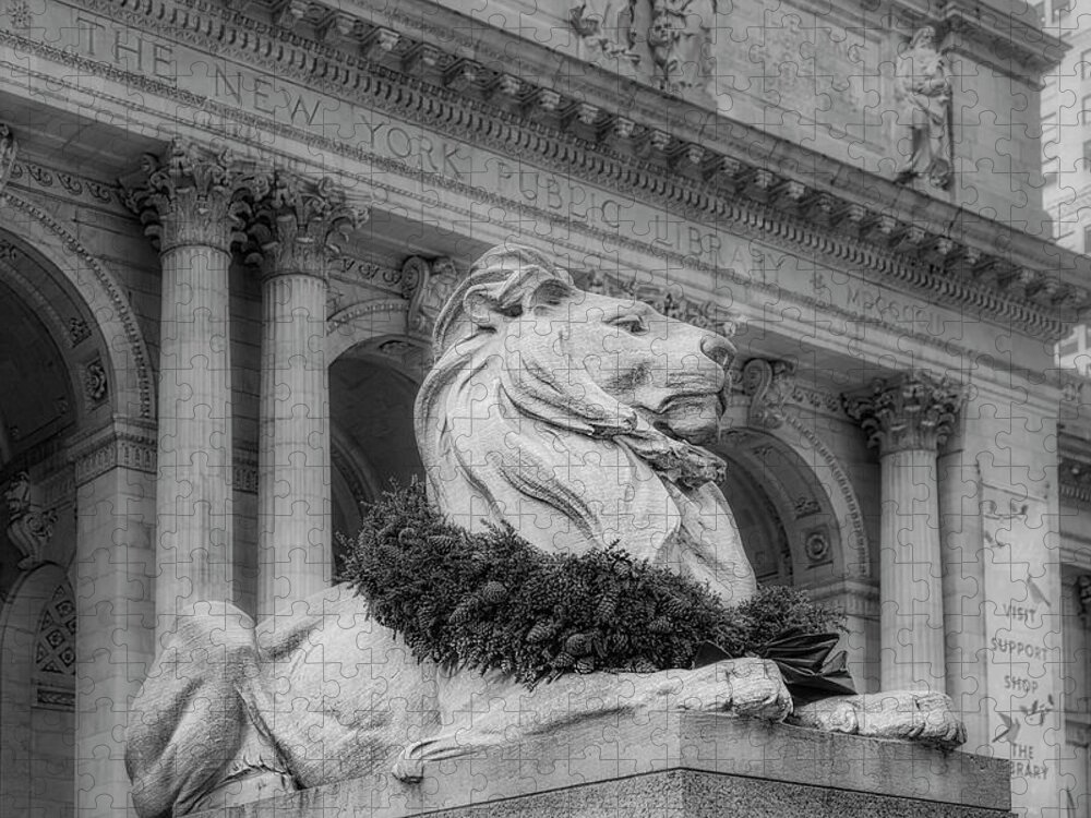 New York Public Library Jigsaw Puzzle featuring the photograph NYPL Patience Lion BW by Susan Candelario