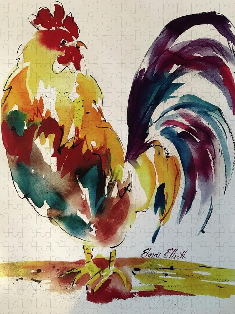 Rooster Jigsaw Puzzle featuring the painting O how I hate to get up in the Morning by Elaine Elliott
