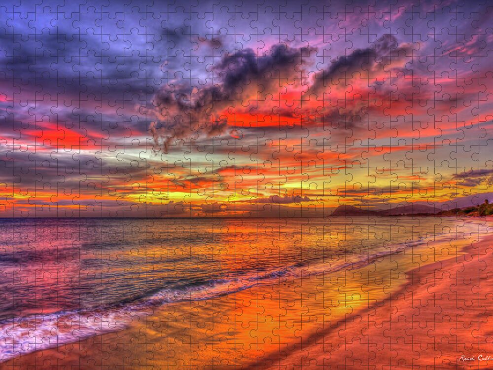Reid Callaway Oahu Hawaii Sunset Images Jigsaw Puzzle featuring the photograph O'ahu HI Tracks Beach Red Reflections Sunset Pacific Ocean Seascape Art by Reid Callaway