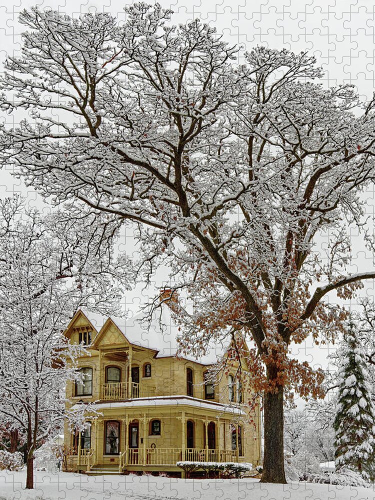 Oak Jigsaw Puzzle featuring the photograph Oakitecture #2 - Historic Stoughton home and oak tree in wintertime by Peter Herman