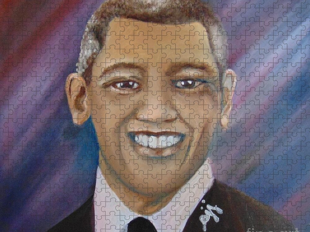 Presidents Jigsaw Puzzle featuring the painting Obama Portrait by Saundra Johnson