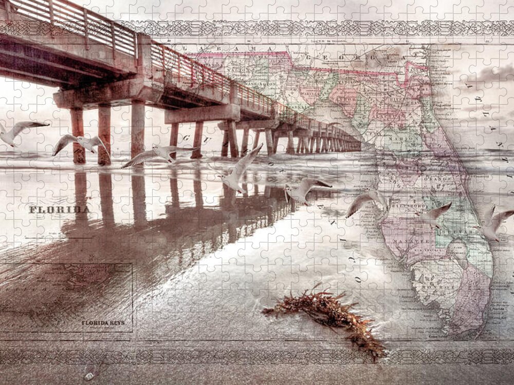 Map Jigsaw Puzzle featuring the photograph Ocean Pier Beachhouse Vintage Map Seascape by Debra and Dave Vanderlaan