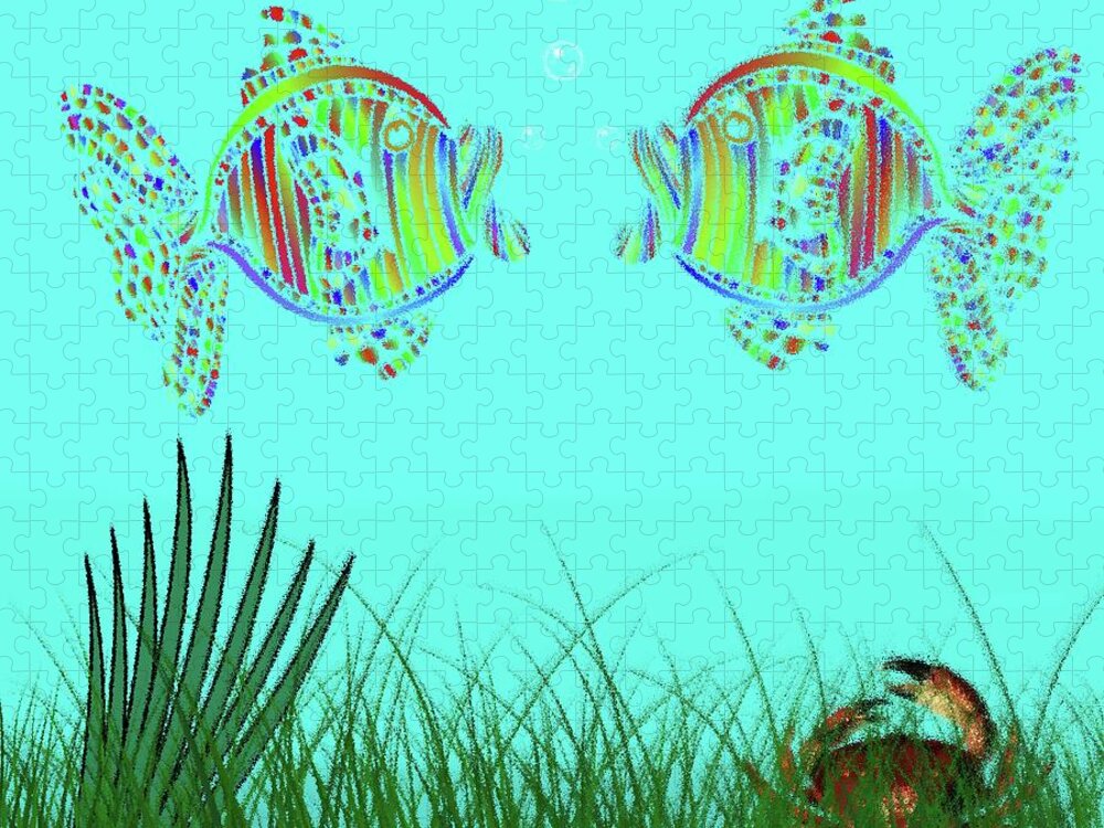 Sea Jigsaw Puzzle featuring the digital art Ocean Ripple Pane 3 Fish In Love by David Dehner