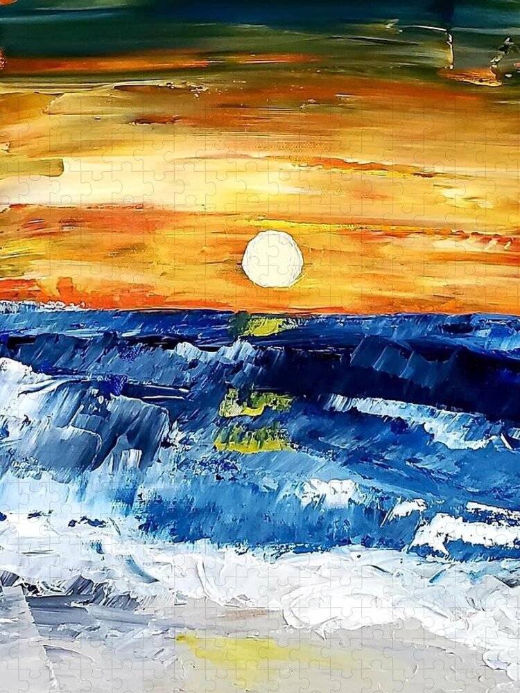  Jigsaw Puzzle featuring the painting Ocean Sunset by Amy Kuenzie