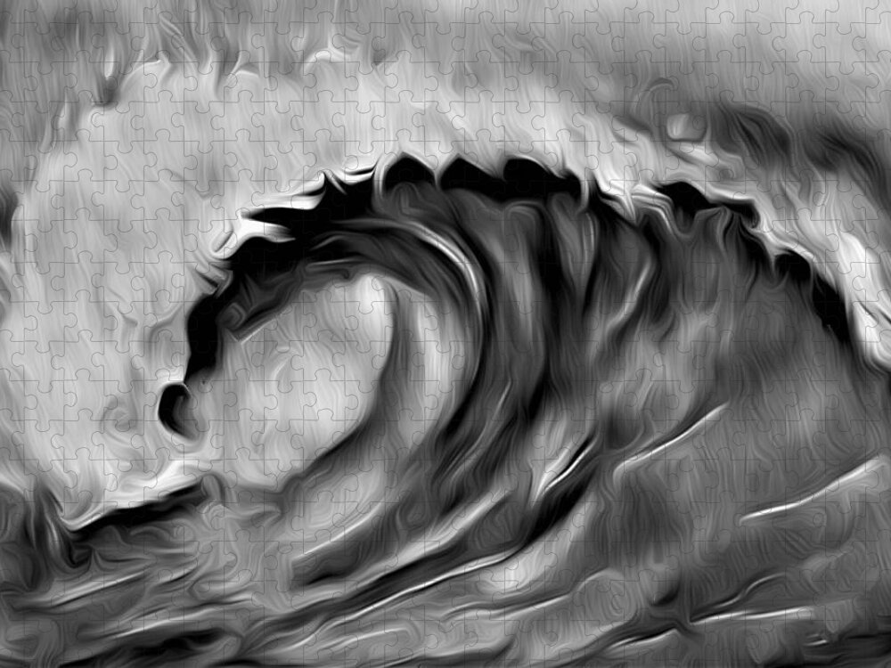 Ocean Wave Jigsaw Puzzle featuring the digital art Ocean Wave Abstract - B/W by Ronald Mills