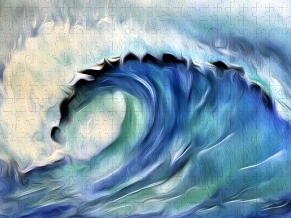 Ocean Wave Jigsaw Puzzle featuring the digital art Ocean Wave Abstract - Blue by Ronald Mills